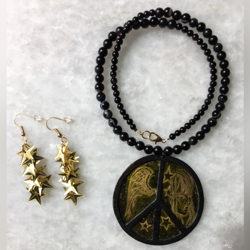 Peace Necklace | Handcrafted with black onyx and black agate beaded 18” necklace - Picture 7 of 16